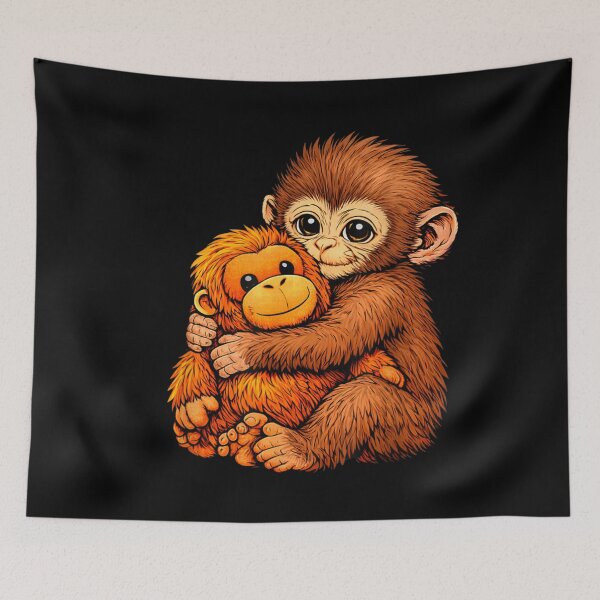 Item preview, Kawaii Big Eyed Punch Monkey Cuddling Orange Plushie Adorable Macaque Art designed and sold by ObukiLantara.