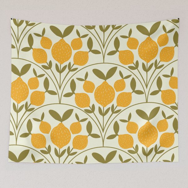 Item preview, Mediterranean Botanical Lemons on green scallop shapes designed and sold by Yasminepatterns .
