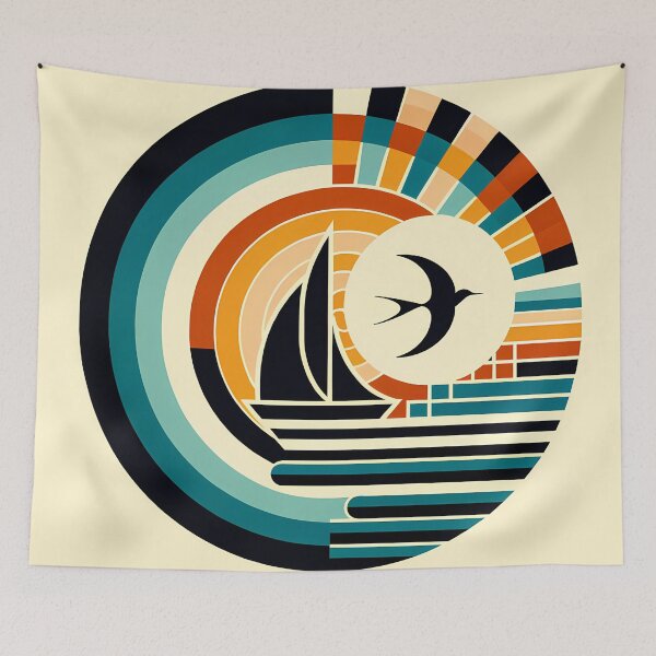 Item preview, Geometric Sailboat and Swallow Sunset Emblem designed and sold by InkSmithery.