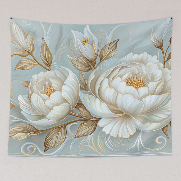 Item preview, White Peonies on Blue with Gold Embellishments designed and sold by MargaretWiktor.