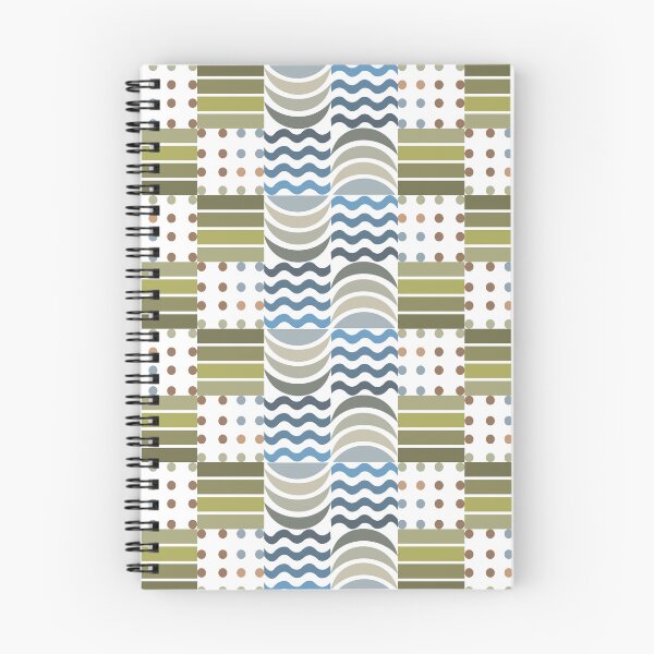 Item preview, Pattern with repeating geometric elements in a retro style. Features olive green and tan rectangles, wavy lines in blue and black, and brown and olive dots.  designed and sold by CreativebyTKK.