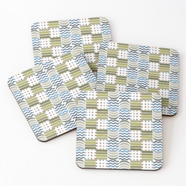 Item preview, Pattern with repeating geometric elements in a retro style. Features olive green and tan rectangles, wavy lines in blue and black, and brown and olive dots.  designed and sold by CreativebyTKK.