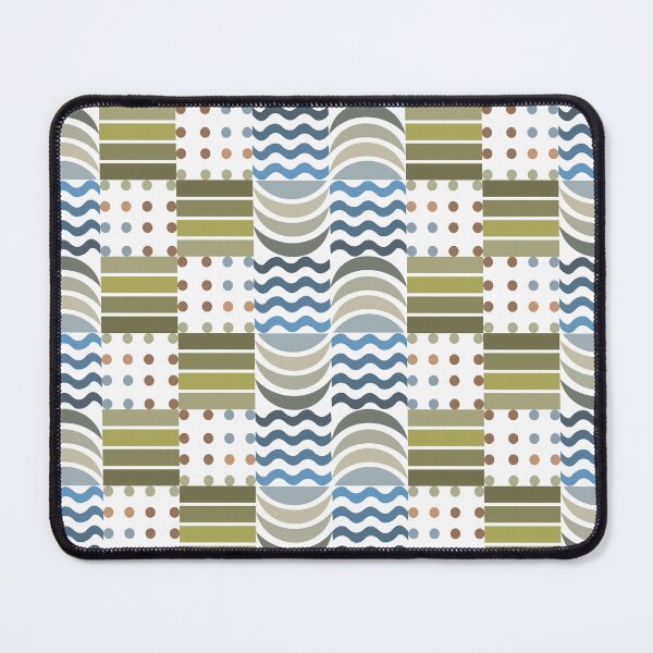 Item preview, Pattern with repeating geometric elements in a retro style. Features olive green and tan rectangles, wavy lines in blue and black, and brown and olive dots. designed and sold by CreativebyTKK.