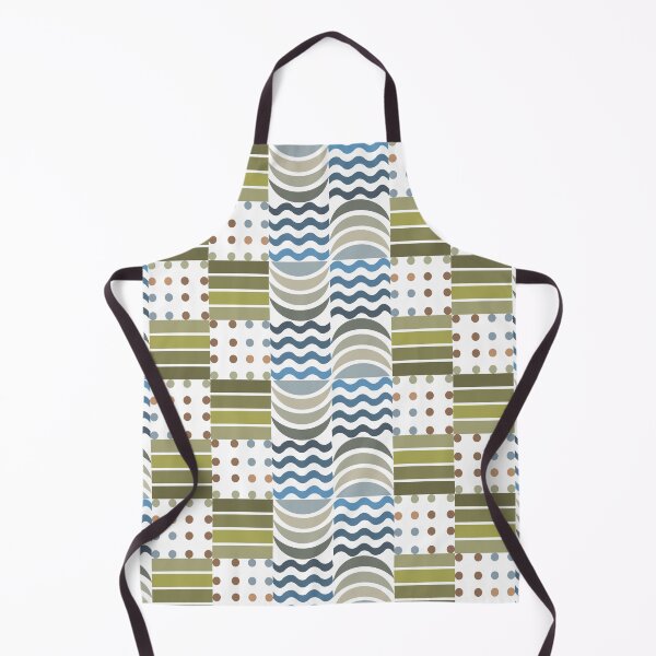 Aperçu de l'œuvre Motif géométrique répétitif de style rétro. Il se compose de rectangles vert olive et beige, de lignes ondulées bleues et noires, et de pois bruns et olive. créée et vendue par CreativebyTKK.