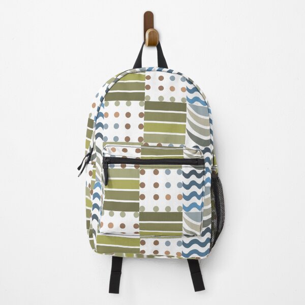 Item preview, Pattern with repeating geometric elements in a retro style. Features olive green and tan rectangles, wavy lines in blue and black, and brown and olive dots.  designed and sold by CreativebyTKK.