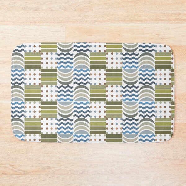 Item preview, Pattern with repeating geometric elements in a retro style. Features olive green and tan rectangles, wavy lines in blue and black, and brown and olive dots.  designed and sold by CreativebyTKK.