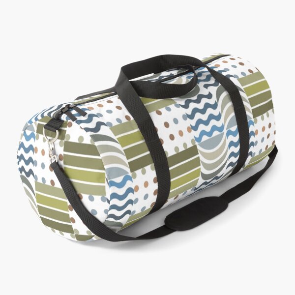 Item preview, Pattern with repeating geometric elements in a retro style. Features olive green and tan rectangles, wavy lines in blue and black, and brown and olive dots. designed and sold by CreativebyTKK.