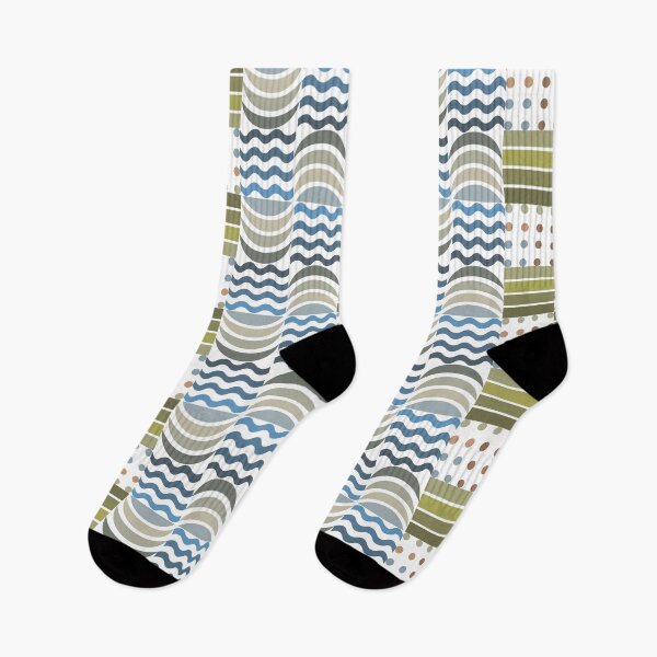 Item preview, Pattern with repeating geometric elements in a retro style. Features olive green and tan rectangles, wavy lines in blue and black, and brown and olive dots.  designed and sold by CreativebyTKK.