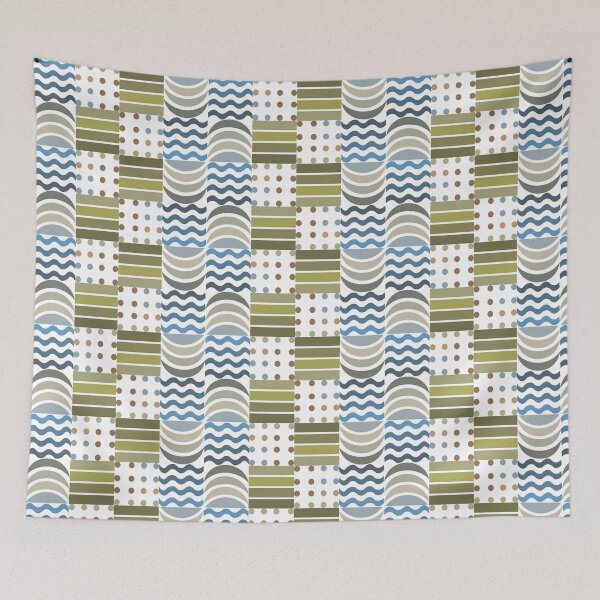 Item preview, Pattern with repeating geometric elements in a retro style. Features olive green and tan rectangles, wavy lines in blue and black, and brown and olive dots.  designed and sold by CreativebyTKK.