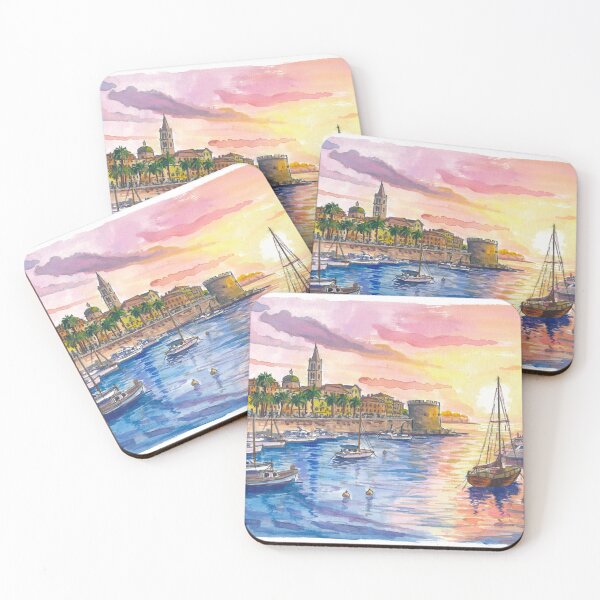 Item preview, Alghero Port View Painting with Historic City Walls at Sunset designed and sold by artshop77.