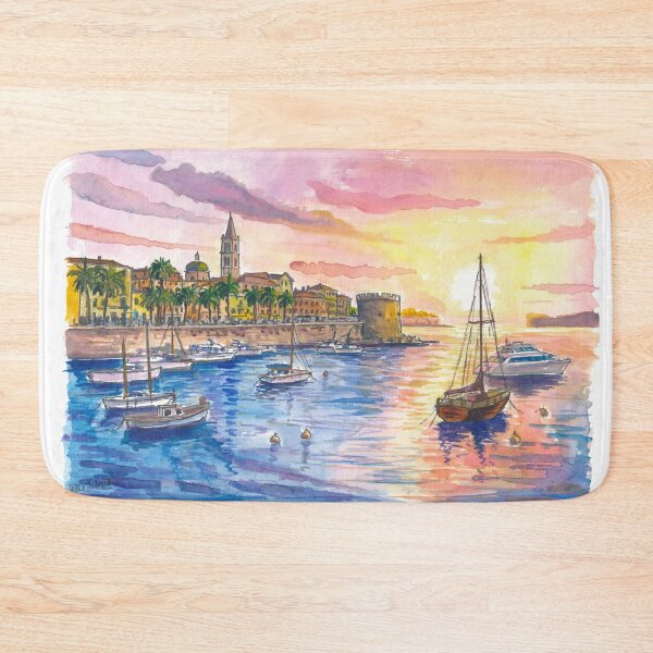 Item preview, Alghero Port View Painting with Historic City Walls at Sunset designed and sold by artshop77.