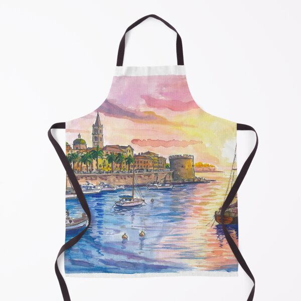 Item preview, Alghero Port View Painting with Historic City Walls at Sunset designed and sold by artshop77.