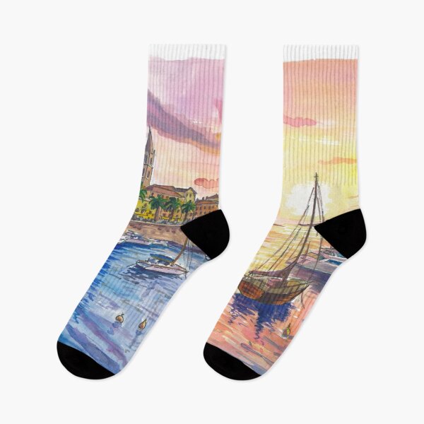 Item preview, Alghero Port View Painting with Historic City Walls at Sunset designed and sold by artshop77.