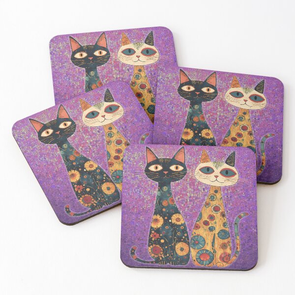 Item preview, Whimsical Art Nouveau Cats on Purple Mosaic Background, Colourful Decorative Cat Art designed and sold by JawKneeArt.