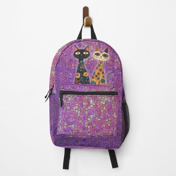 Item preview, Whimsical Art Nouveau Cats on Purple Mosaic Background, Colourful Decorative Cat Art designed and sold by JawKneeArt.