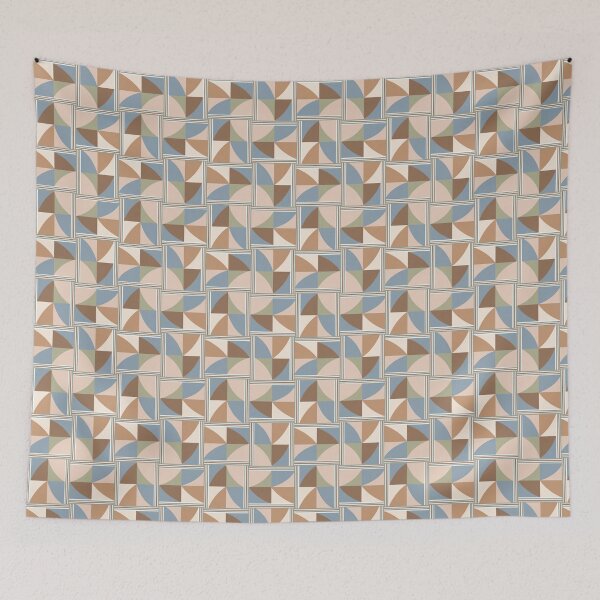 Item preview, Geometric tile pattern with interlocking shapes, featuring muted tones of beige, brown, blue, and white. designed and sold by CreativebyTKK.