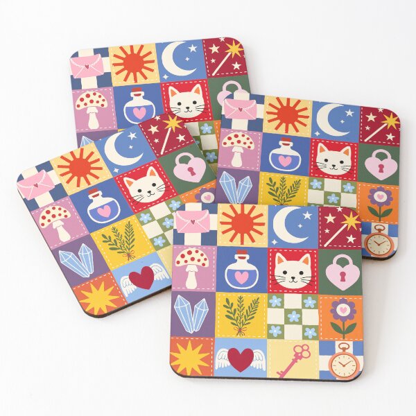 Item preview, Scandinavian Folk Art Seamless Patchwork Pattern, Nordic Mystical Quilt Digital Paper, Sun Moon Cat Crystal Mushroom Repeating Design designed and sold by FRH Design ⭐⭐⭐⭐⭐.