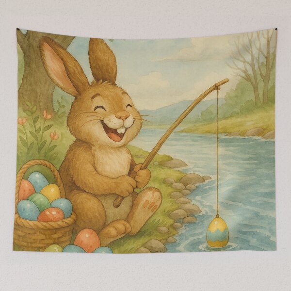 Item preview, Laughing Easter bunny fishes for colorful Easter eggs in the river designed and sold by Mauswohn.