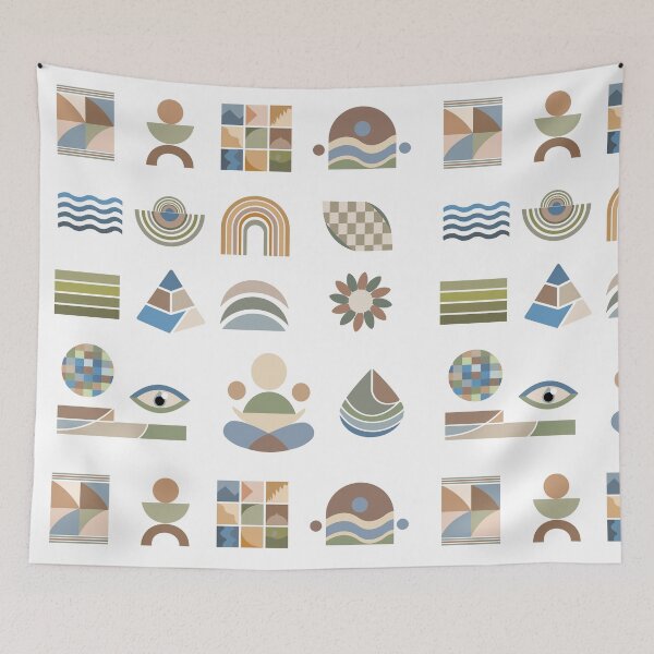 Item preview, Retro-style pattern featuring diverse geometric elements in earth tones. Comprises olive green and tan rectangles designed and sold by CreativebyTKK.