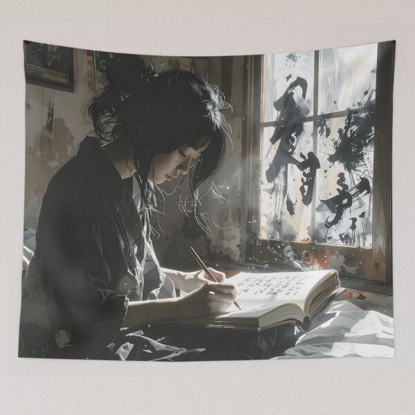 Item preview, Young Japanese woman writing – Calligraphy and Zen light designed and sold by Schoenenwald - Illustrations Uniques et Originales.