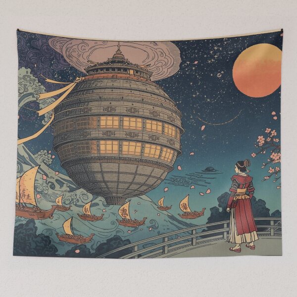 Item preview, Ukiyo‑e Space Fortress Art Print – Japanese Woodblock Sci‑Fi Lantern World designed and sold by Vandy Fullam.