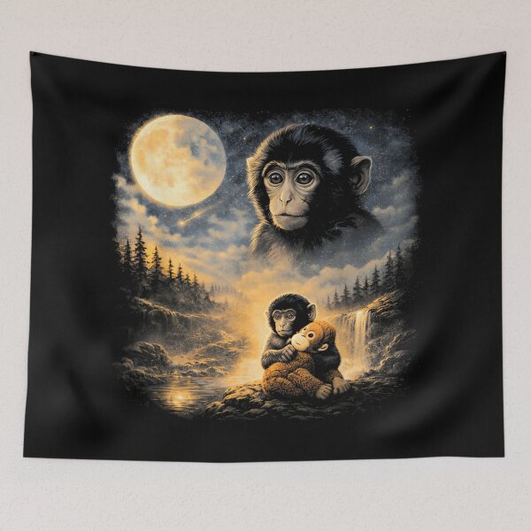 Item preview, Vintage Retro Monkey Spirit Animal in Nature Moonlit Forest Waterfall Scene designed and sold by PonyRoniku.