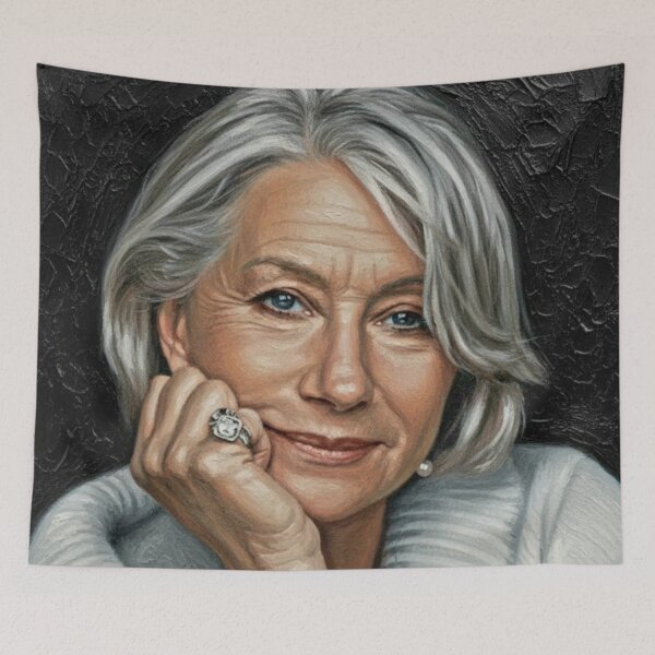 Item preview, The Dame: Helen Mirren Luminous Silver Impasto Portrait designed and sold by Art's Diner.