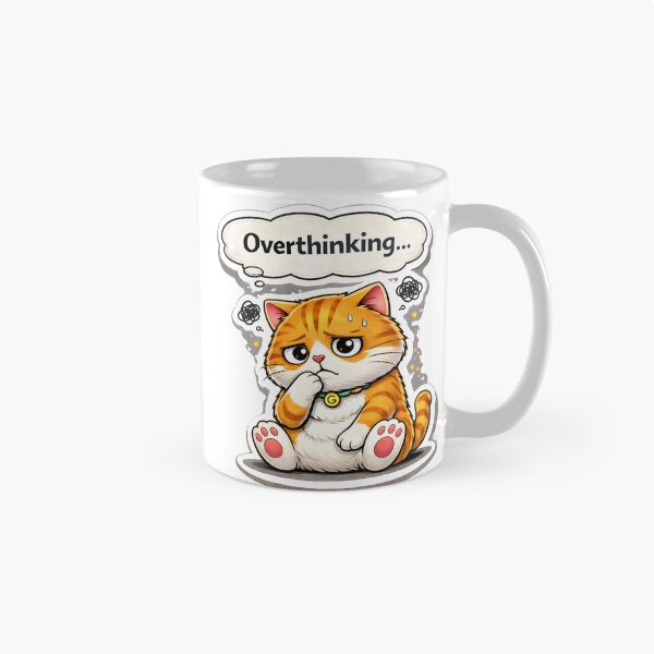Aperçu de l'œuvre Autocollant Chat qui réfléchit trop – Mème drôle, mignon et anxieux créée et vendue par MoodPawsCo.