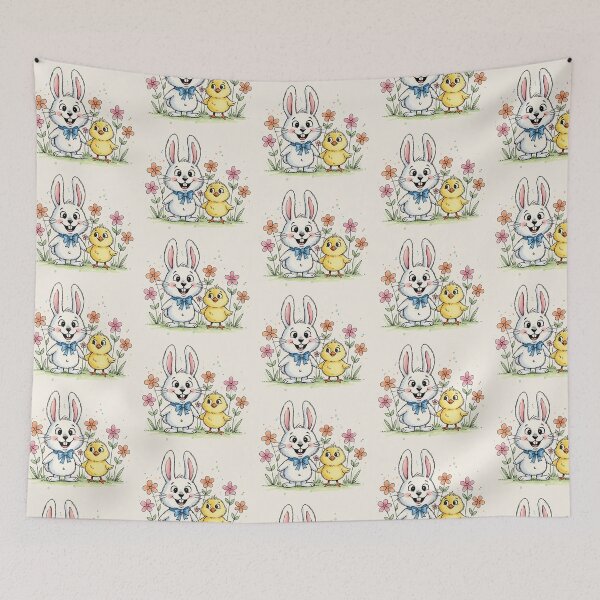 Item preview, Cute Kawaii Easter Bunny and Chick with Flowers designed and sold by PixelQ.