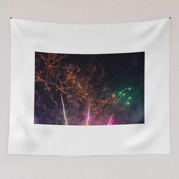 Item preview, Colorful Fireworks Explosions Lighting Night Sky With Golden Sparks And Purple Haze designed and sold by Nmallia.