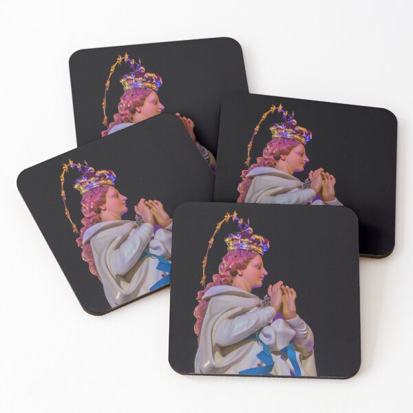 Item preview, Religious Statue Portrait With Golden Crown Star Halo White Robe Blue Ribbon Against Dark Night Sky designed and sold by Nmallia.