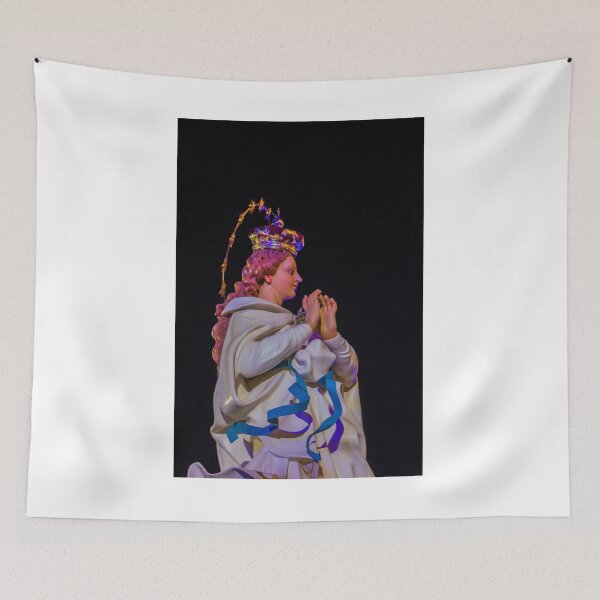 Item preview, Religious Statue Portrait With Golden Crown Star Halo White Robe Blue Ribbon Against Dark Night Sky designed and sold by Nmallia.