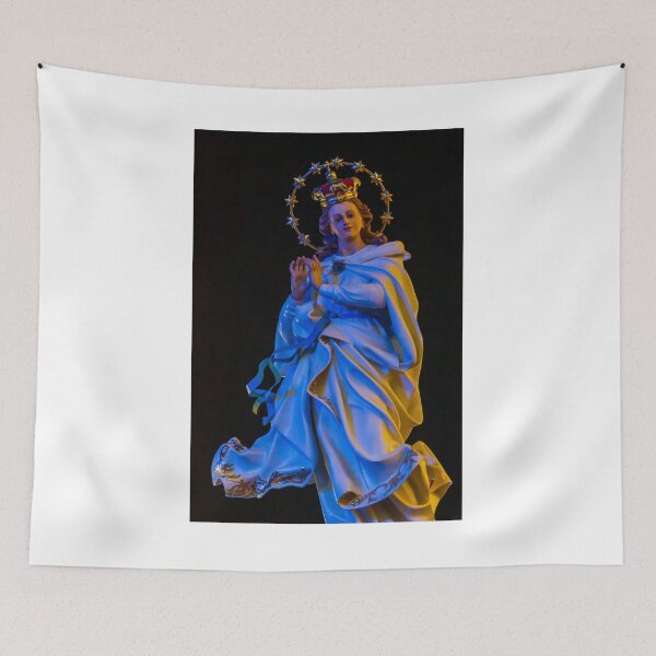 Item preview, Religious Statue Portrait With Golden Crown Star Halo White Robe Blue Ribbon Against Dark Night Sky designed and sold by Nmallia.