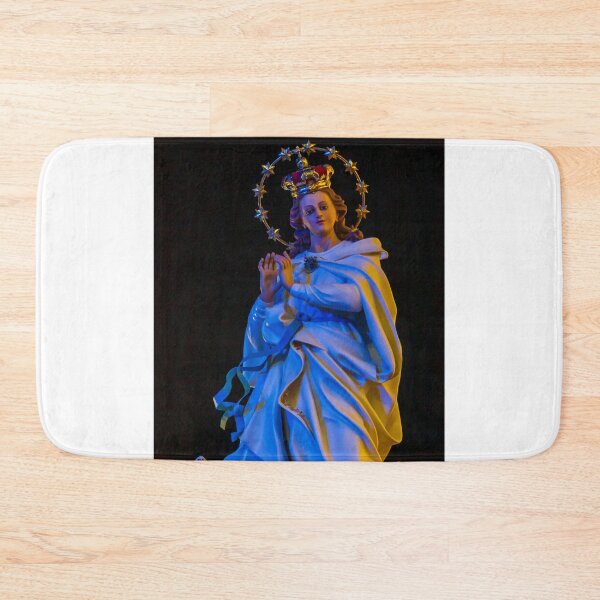 Item preview, Religious Statue Portrait With Golden Crown Star Halo White Robe Blue Ribbon Against Dark Night Sky designed and sold by Nmallia.