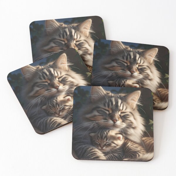 Item preview, Sleeping Maine Coon Mother Cat and Kitten Cozy Night designed and sold by Jaani-T.