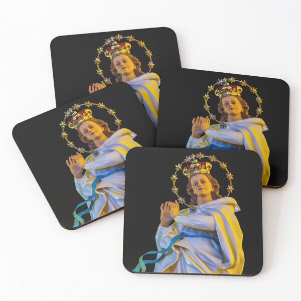 Item preview, Religious Statue Portrait With Golden Crown Star Halo White Robe Blue Ribbon Against Dark Night Sky designed and sold by Nmallia.