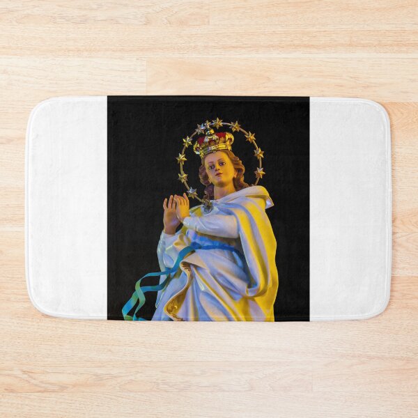 Item preview, Religious Statue Portrait With Golden Crown Star Halo White Robe Blue Ribbon Against Dark Night Sky designed and sold by Nmallia.
