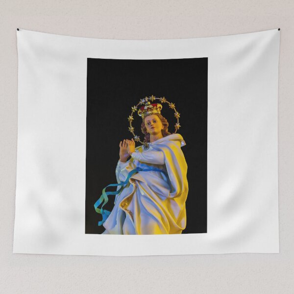 Item preview, Religious Statue Portrait With Golden Crown Star Halo White Robe Blue Ribbon Against Dark Night Sky designed and sold by Nmallia.