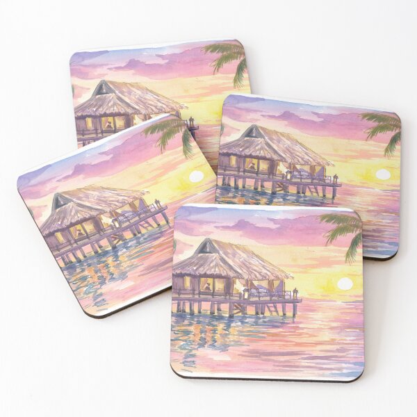 Item preview, Overwater Bungalow Tropical Painting with Sunrise and Soft Water Reflections designed and sold by artshop77.