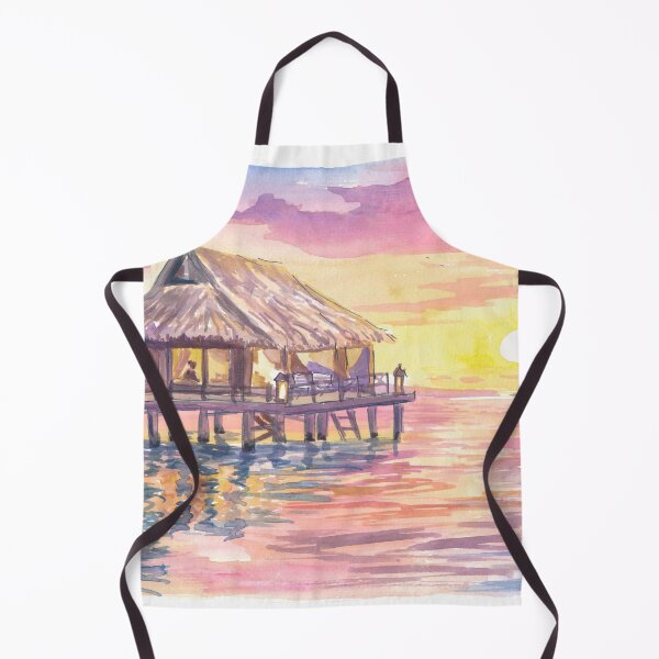 Item preview, Overwater Bungalow Tropical Painting with Sunrise and Soft Water Reflections designed and sold by artshop77.