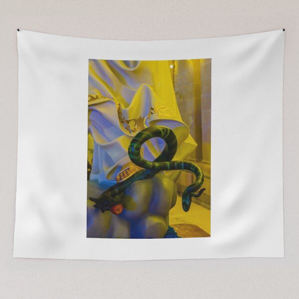 Item preview, Ornate White Statue Draped In Gold Fabric With Green Serpent Prop Under Warm Night Lighting designed and sold by Nmallia.