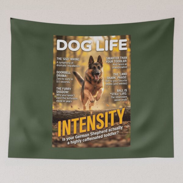 Item preview, German Shepherd Intensity: Funny Dog Life Magazine Cover Art designed and sold by FrancophileFun.