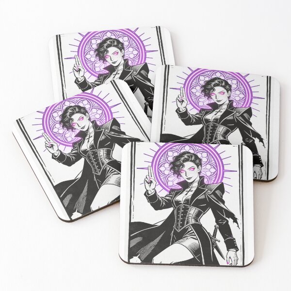 Item preview, gothic saint saint of sin modern war saint neon halo hot pink eyes electric purple halo engraving high fashion dark fantasy designed and sold by DarkMedieval.