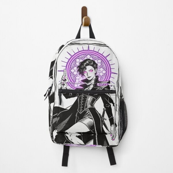 Item preview, gothic saint saint of sin modern war saint neon halo hot pink eyes electric purple halo engraving high fashion dark fantasy designed and sold by DarkMedieval.