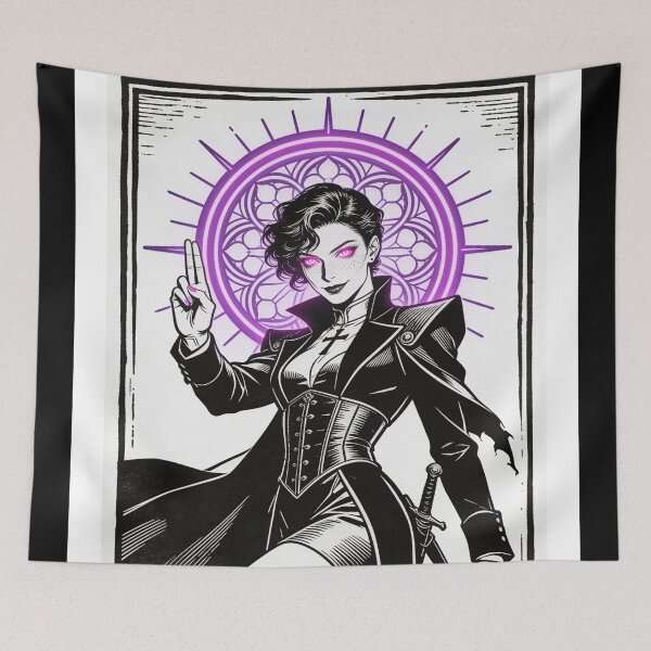 Item preview, gothic saint saint of sin modern war saint neon halo hot pink eyes electric purple halo engraving high fashion dark fantasy designed and sold by DarkMedieval.