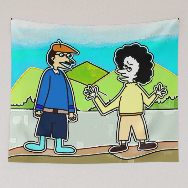 Item preview, "Cartoon Duo Conversing in Vibrant Landscape" designed and sold by nighttime1990.
