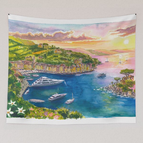 Item preview, Portofino Harbor Sunrise Travel Art with Yachts and Mediterranean Light designed and sold by artshop77.