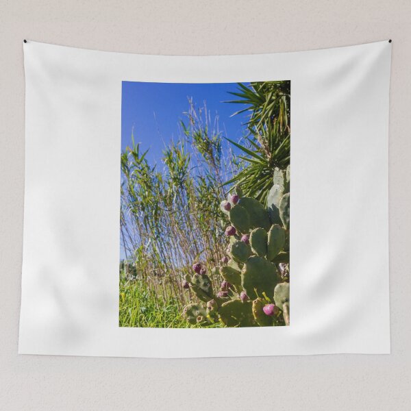 Item preview, Prickly Pear Cactus With Purple Fruit Under Clear Blue Sky Among Tall Grasses And Palm Leaves designed and sold by Nmallia.