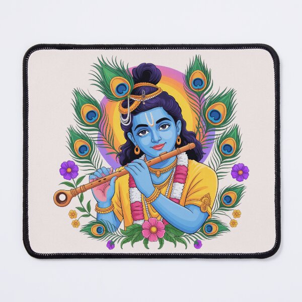 Item preview, Serene Lord Krishna with Flute and Peacock Feathers – Divine Indian Spiritual Art Illustration designed and sold by shemodas.