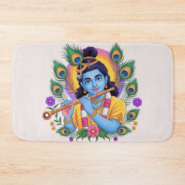 Item preview, Serene Lord Krishna with Flute and Peacock Feathers – Divine Indian Spiritual Art Illustration designed and sold by shemodas.